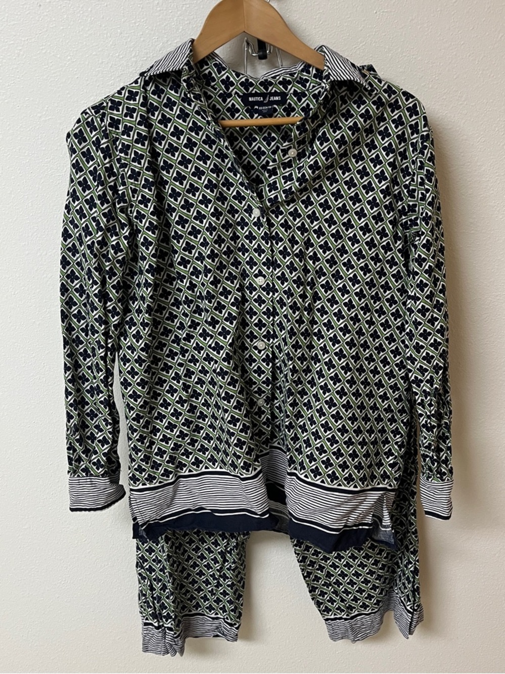 Nautica Jeans Navy and Green Geometric linen blend pant set top: XS, pants:S